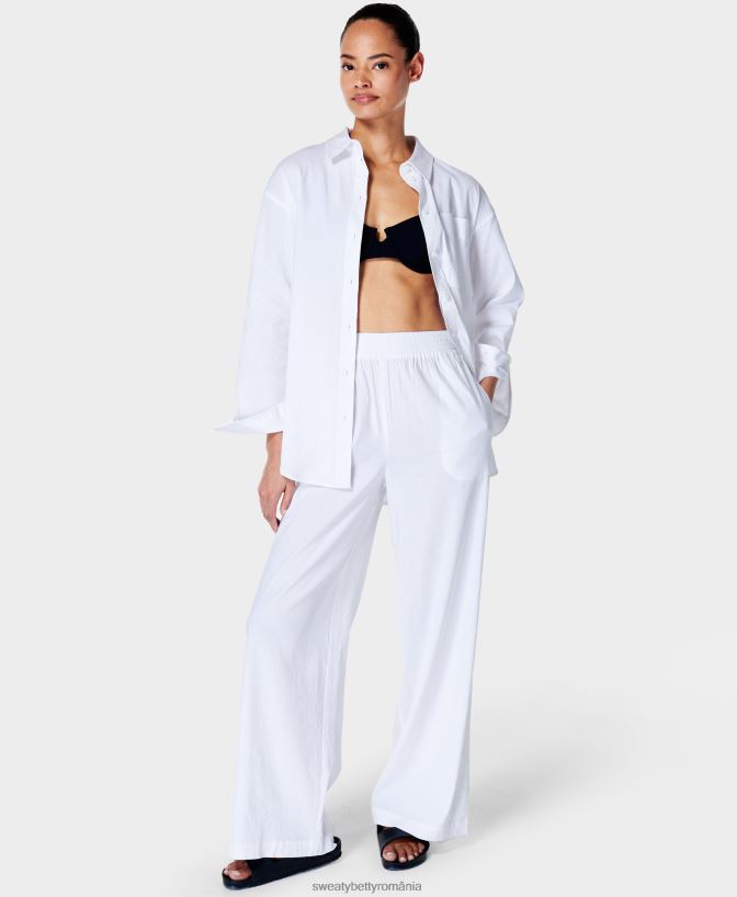 Sweaty Betty pantalon de vară din in elastic cu picioare largi femei alb îmbrăcăminte SV3TD975