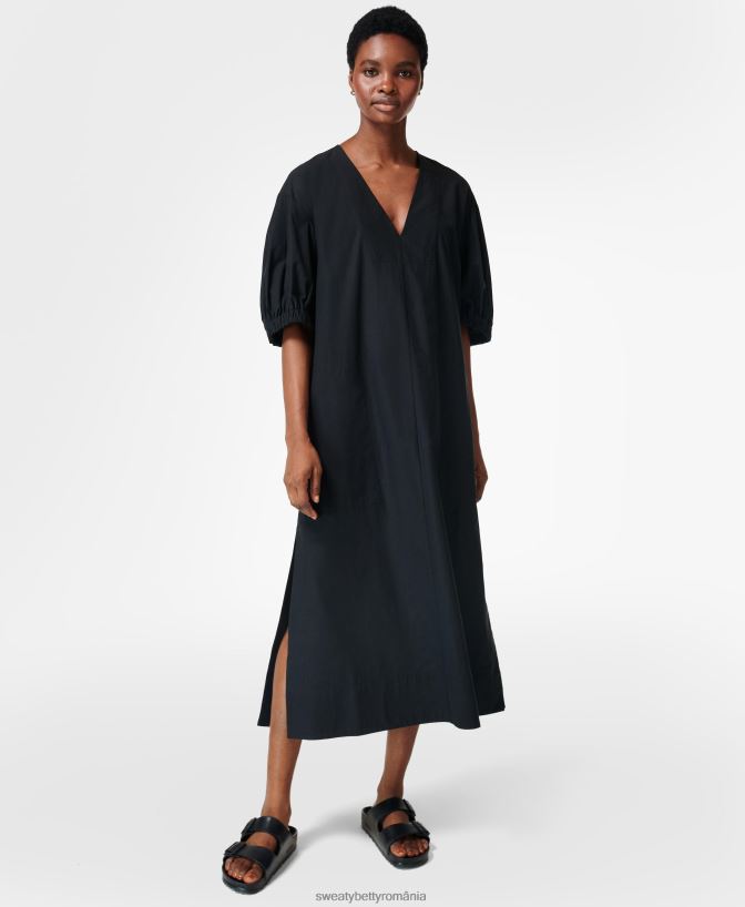 Sweaty Betty rochie midi loren poplin femei negru îmbrăcăminte SV3TD863