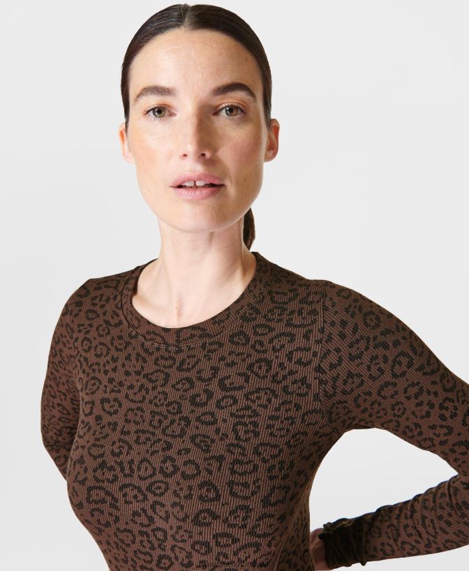 Sweaty Betty top cu mânecă lungă fără cusături femei imprimeu cu semne de leopard maro îmbrăcăminte SV3TD156